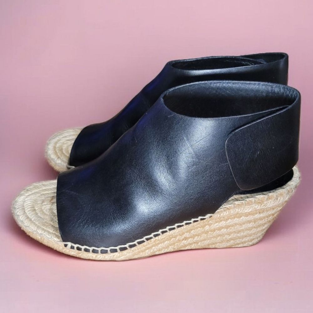 Celine Paris French Girl Crosta Fossil Black Leather Espadrille Wedge Sandals - Picture 3 of 9